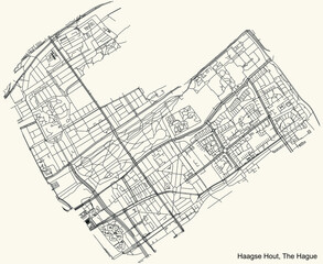 Detailed navigation black lines urban street roads map  of the HAAGSE HOUT DISTRICT of the Dutch regional capital city The Hague, Netherlands on vintage beige background