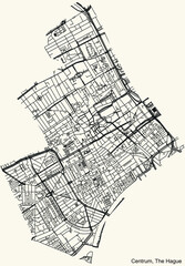 Detailed navigation black lines urban street roads map  of the CENTRUM DISTRICT of the Dutch regional capital city The Hague, Netherlands on vintage beige background