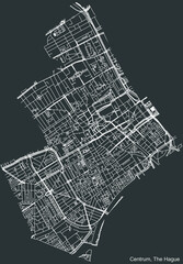 Detailed negative navigation white lines urban street roads map of the CENTRUM DISTRICT of the Dutch regional capital city The Hague, Netherlands on dark gray background