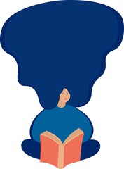 girl reads a book and dreams. girl with blue hair