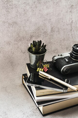 work at home, freelance, lots of notebooks,pen, business atmosphere