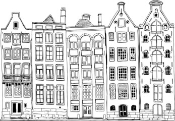 Fototapeta premium Beautiful houses in Amsterdam painted in sketch style with black and white by vector. Suitable for print, postcard, sketchbook cover, poster, stickers, your design.