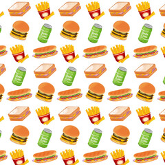 Background graphic texture seamless fast food sandwich and french fries with drink soda can