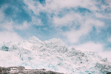 Jostedalsbreen National Park, Norway. Close Up View Of Melting Ice And Snow On Boyabreen Glacier In Summer Sunny Day. Famous Norwegian Landmark And Popular Destination. Close Up. Jostedalsbreen