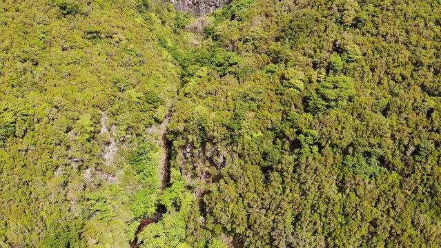 Aerial footage of spectacular jungle river falling into waterfall.