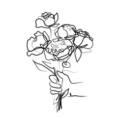 Roses bouquet, line drawing, continuous line art. Vector black and white linear illustration with a hand holdinf flowers. Print design. Postcart. Gift, present. Wedding. March 8th. Peonies