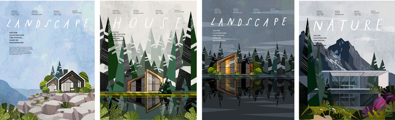 Landscape, nature, house. Vector illustrations of modern architecture, cottage and chalet surrounded by forests, mountains, trees, lake, river. Drawings for poster, background or cover - obrazy, fototapety, plakaty
