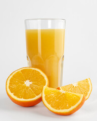 Sliced orange and a glass of orange juice on a white background