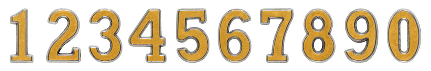 Set of arabic numbers from metal golden and silver colors, isolated on white background