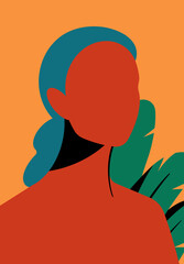 Woman portrait with bare shoulder, long bright hair, plant leaves. Abstract poster with female face. Bright tropical contemporary hand drawn vector. Illustration for poster, cover, decor.