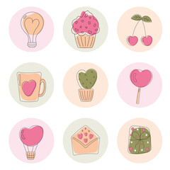 Simple trendy modern love icons, hand drawn minimal illustrations. One line art collection. Set of round icons for social media stories. Abstract highlight covers. Romantic elements simple vector set.