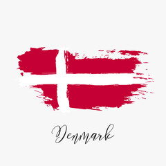 Denmark vector watercolor national country flag icon. Hand drawn illustration with dry brush stains, strokes, spots isolated on gray background. Painted grunge style texture for posters, banner design
