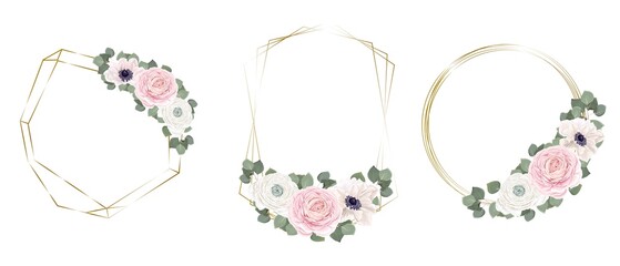 Obraz premium Vector set of floral frames. White anemones, pink roses, eucalyptus, golden frames. Elements for design on a white background.