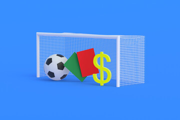 Dollar symbol and soccer tools. Prize fund. Sports betting. Winning the totalizator. Transfer cost. Purchase, sale of football club. Sports Equipment. Fair play. Penalties and sanctions. 3d render