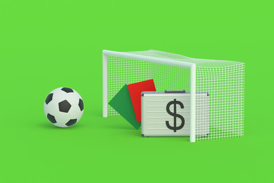 Sports betting. Prize fund. Winning the totalizator. Transfer cost. Purchase, sale of football club. Sports Equipment. Fair play. Penalties and sanctions. Money suitcase and soccer tools. 3d render