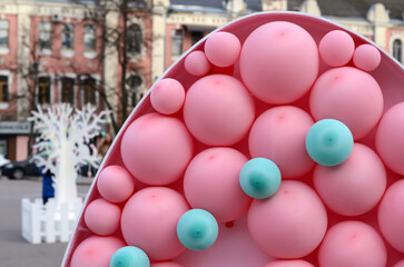 Easter. Photo zones of balloons on the streets of the city on the occasion of Easter holidays.