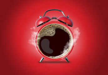 Red vintage alarm clock with coffee inside