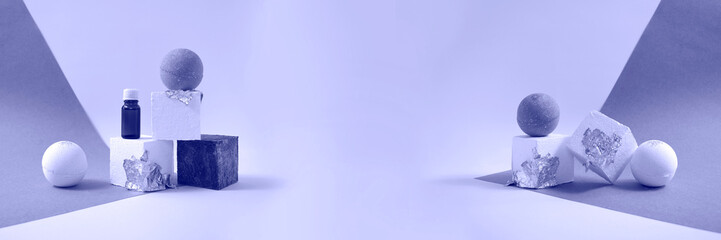 Mock up minimal spa concept with bath bombs on textured and pedestals. Beauty wellness, body care...