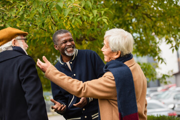 Positive elderly multiethnic friends talking on urban street.