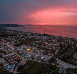 Beautiful drone view of sunset over acharavi village im north corfu greece
