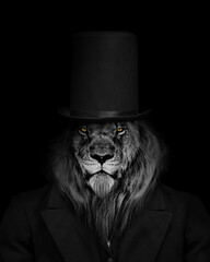 Man in the form of a Lion , The lion person , animal face isolated black white	