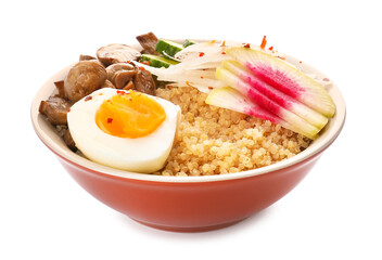 Healthy quinoa bowl with egg on white background