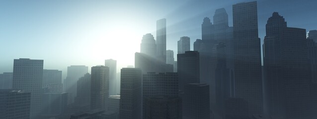 City at sunrise in the rays of the sun, skyscrapers in the morning in the rays of light, 3d rendering
