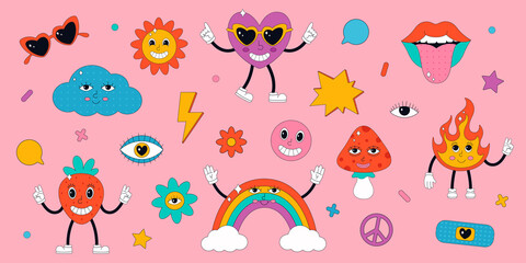 Set of cute characters in psychedelic 70's style. Hippie, psychedelic, groove, retro and vintage style. Vector illustration