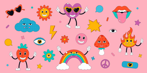 Obraz premium Set of cute characters in psychedelic 70's style. Hippie, psychedelic, groove, retro and vintage style. Vector illustration