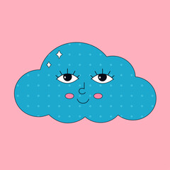 Cute cartoon cloud character in retro style with eyes. Hippie, psychedelic, groove, retro and vintage style. Vector illustration