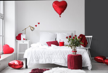Interior of bedroom decorated for Valentine's Day in morning - Powered by Adobe