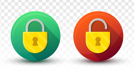 Padlock lock and unlock icon on green and red 3D vector buttons