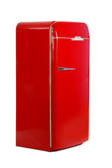 Red fridge on white background