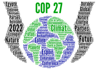 COP 27 en 2022 à Charm el-Cheick nuage de mots - obrazy, fototapety, plakaty