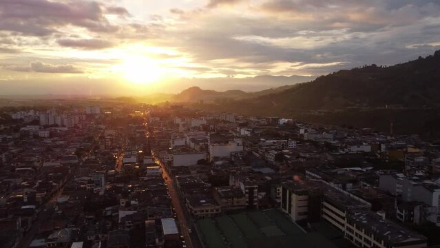 panning aerial shot of Pereira Colombia at sunset