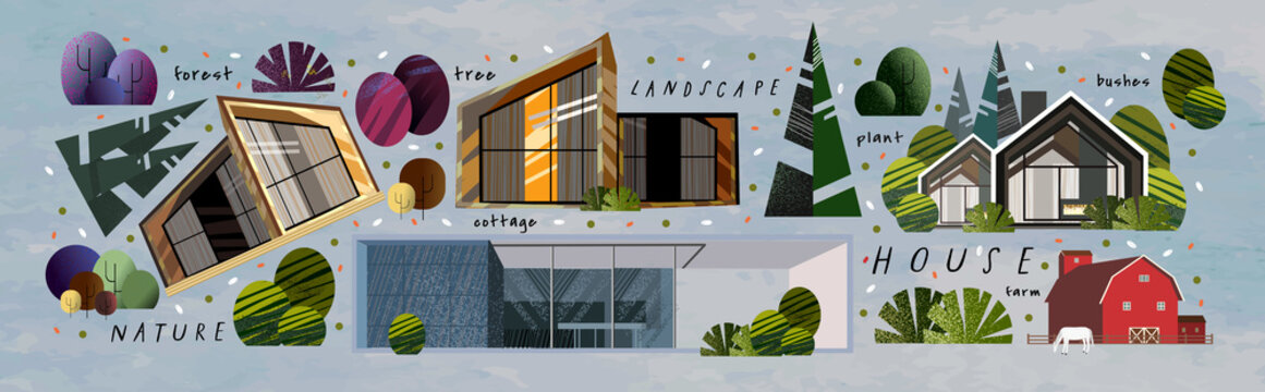 Landscape, Nature, House. Vector Illustrations Of Modern Architecture, Cottage And Chalet Surrounded By Forests, Mountains, Trees, Lake, River. Drawings For Poster, Background Or Cover