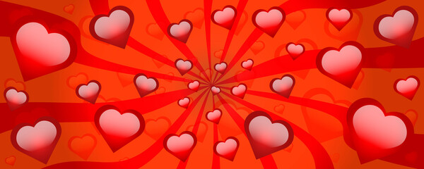 Lots of hearts with light reflections on a background with a gradient. swirling background. Red hearts for valentine's day. Romance and love.