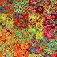 Imagen de arte digital fractal compuesto de trazos cuadrados y circulares creando unos azulejos de figuras geométricas llamativas.