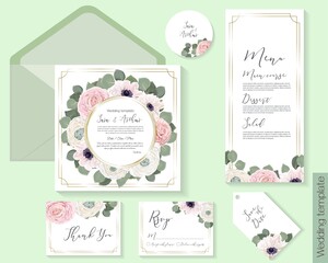 Vector floral frame. Pink roses, white roses, rununculus, anemones, eucalyptus, green plants and leaves. 