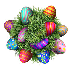 Easter Egg hunt with decorated eggs sitting in a green grass ball as a symbol of spring and a festive April holiday decoration and design element of the renewal season isolated.