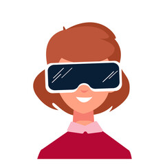 Metaverse. Cartoon happy girl wearing vr augmented reality mask in online world. Portrait of a Character with a smile in a gadget for the virtual world on the Internet.
