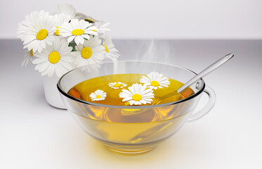 Tazza di camomilla con fiori, illustrazione 3d.