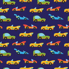 Seamless pattern with cute children's colorful cars on a blue background. Drawing for children's textiles with cars and transport, for boys. Vector illustration in a minimalistic flat style.