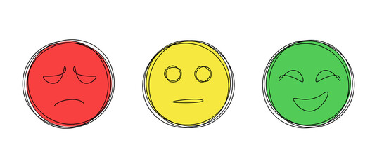 Three linear faces with emotions: smiling, neutral and angry in one continuous line drawing. Concept of negative or positive feedback, satisfaction survey, mental health. Color Vector illustration