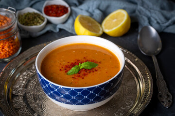 Traditional delicious Turkish soup; Turkish name; Tarhana or Ezogelin corbasi