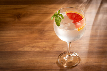 Gin Tonic garnished with grapefruit and mint.