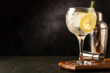 Gin Tonic garnished with lemon and rosemary.