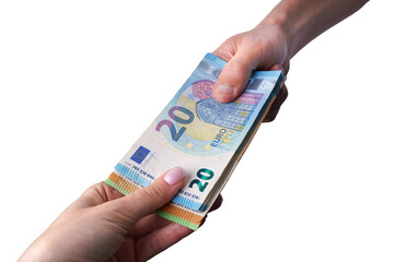 Hands giving cash euro money isolated on white background. Lending money