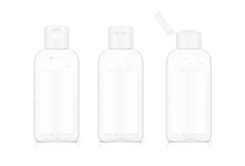 Antibacterial hand sanitizer set. Realistic vector illustration isolated on white background. Ready for use in your design. EPS10.	