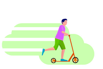 vector illustration life goes on. a young man without hands, a disabled person, moves on a scooter down the street, with a smile on his face. For poster design